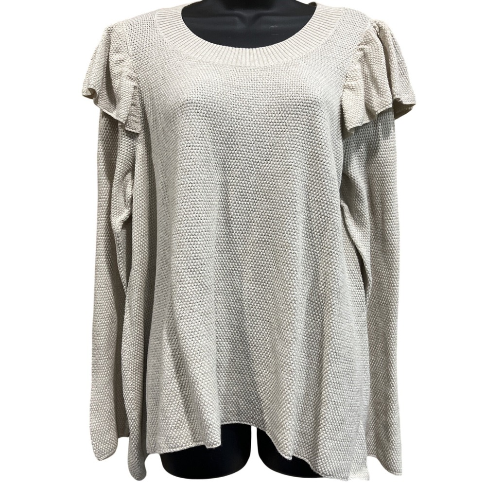 Lane Bryant Sweater Womens 18/20 XL Cream Ruffle Shoulder Textured Knit Pullover